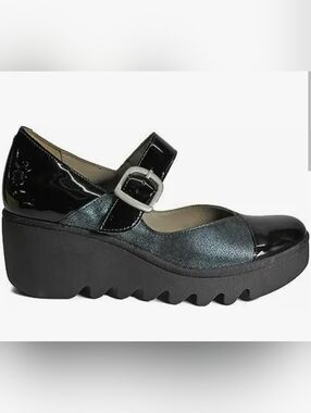 Fly London Mary Jane Wedges BAXE428fly Black & Green Color Size 6-6.5.